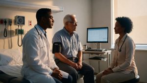 African American male physician checking blood pressure of an older male patient, with a female interpreter seated nearby in a well-lit hospital exam room, conveying attentive and professional interaction.