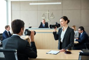 Interpreter assisting during a Department of Labor hearing in the USA