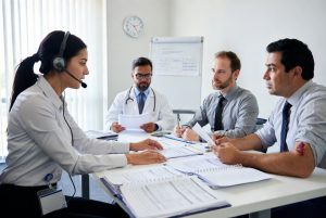 Certified interpreter assisting legal and medical communication during a Defense Base Act case meeting.